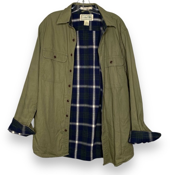 LL Bean Blue Flannel Lined Hurricane Shirt Mens Small Vintage Chore Green Canvas - Picture 1 of 6
